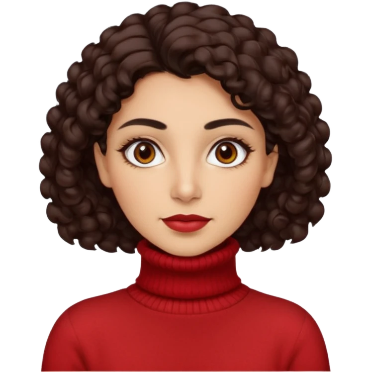 30 yr iranian woman dark brown hair curly wavy short hair, red turtle neck sweater, very thick eyebrows, light skin, dark brown eyes emoji