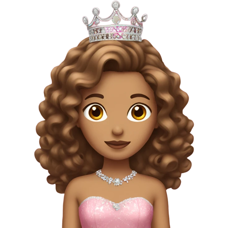 Quinceañera with pink dress, a crown and brown curly hair emoji