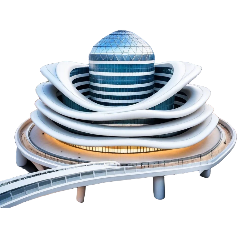 Realistic Dongdaemun Design Plaza (DDP) Landmark Emoji, featuring the iconic curving silver structure with futuristic architecture, illuminated pathways, and a sleek modern design set against the Seoul cityscape. emoji