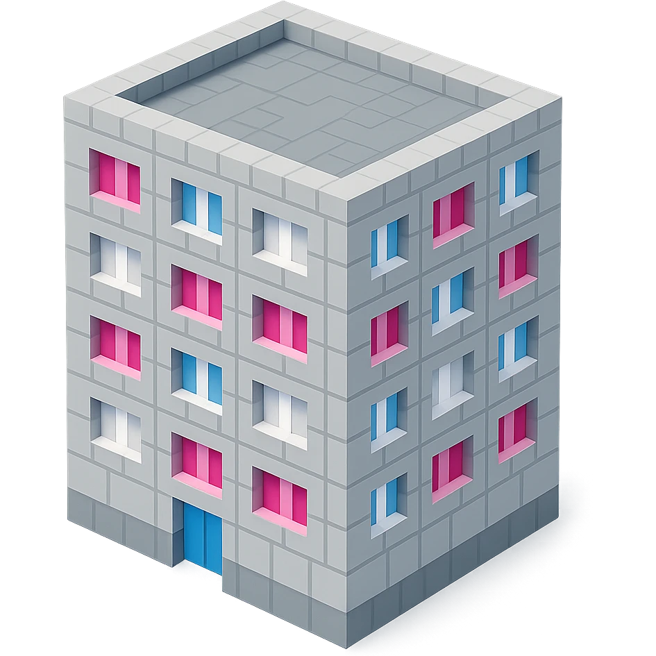 Russian panel apartment building, square block, light gray, alternating pink and white windows, isometric view emoji