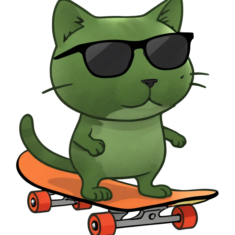 Un gato en dos patas arriba de un skate con lentes de sol emoji