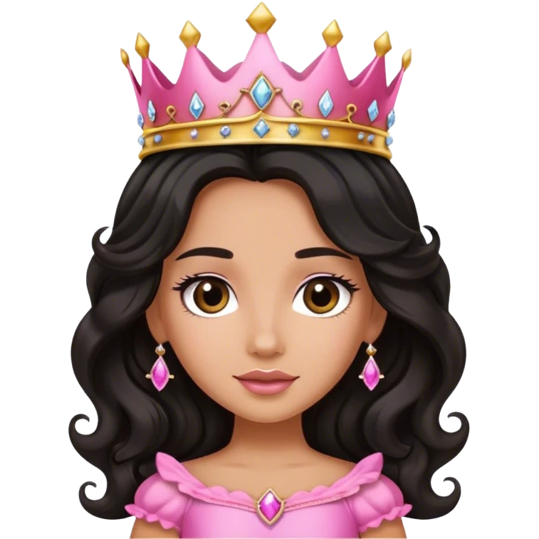 Very tanned princess, with long black wavy hair and a crown, a pink princess Outfit emoji