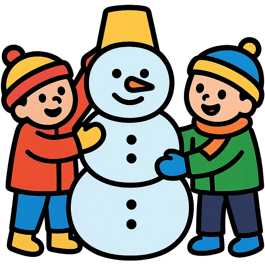 kids building a snowman, cheerful and clear emoji