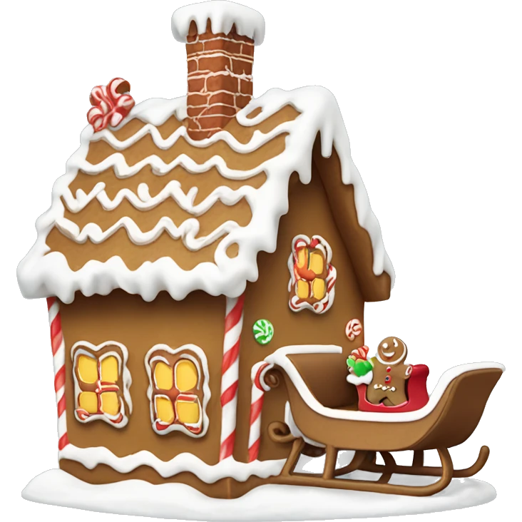 gingerbread house with Santa’s sleigh in the air above emoji