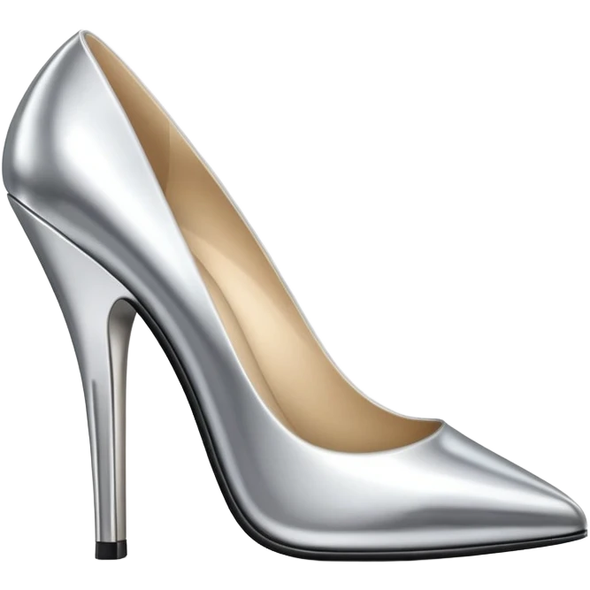 A pair of high heel shoes emoji made of polished silver chrome, elegant sharp silhouette, smooth metallic surface, glossy reflections, luxury sexy vibe, minimalistic iOS emoji style, centered, clean white background emoji