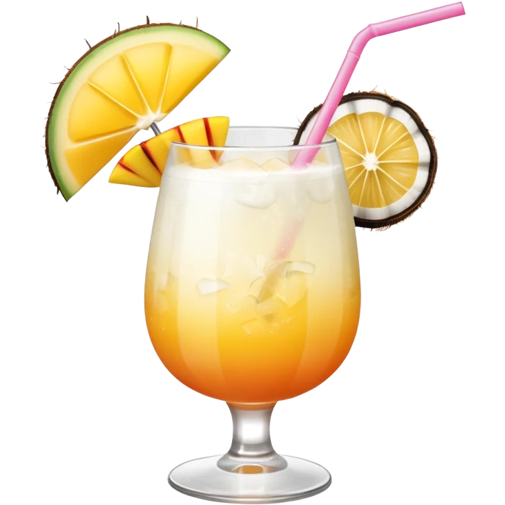 A beautiful cocktail with a creamy white to orange gradient, containing coconut juice and mango, reminiscent of summer. Above, there are tropical flowers, lemon slices, and straws. emoji