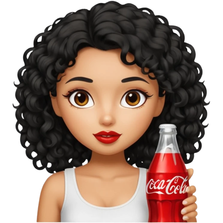 a pretty tan bratz girl with black curly hair drinking coca cola. no makeup. white top emoji