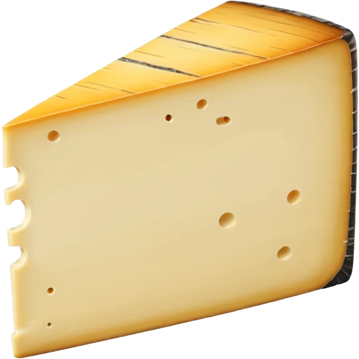 wedge of Morbier cheese, pale yellow semi-soft inside, thin dark horizontal line of vegetable ash across center, smooth elastic slightly glossy surface, natural beige rind, soft lighting, subtle shadows, emoji scale emoji