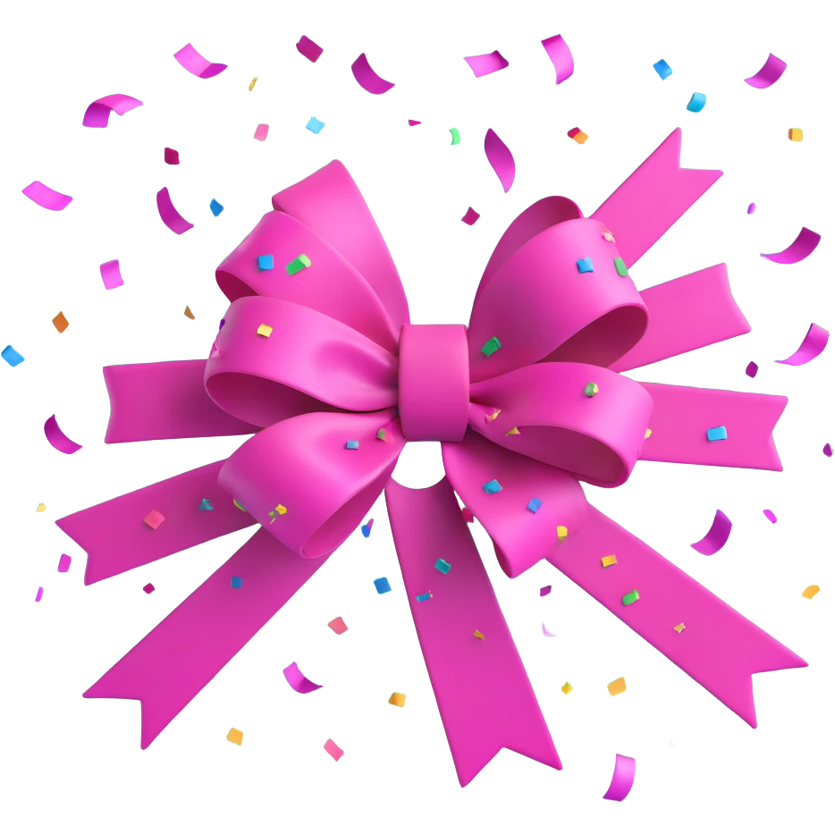 3D emoji style bow, magenta, confetti burst effect emoji