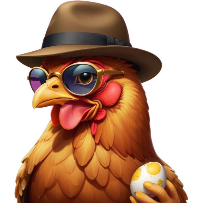 Chicken in the image of an Italian mafioso
— A small fedora, a cigar in the mouth, dark glasses, and a golden egg in the beak. In the background — neon, Vesuvius, whatever. Italy, passion, style. emoji