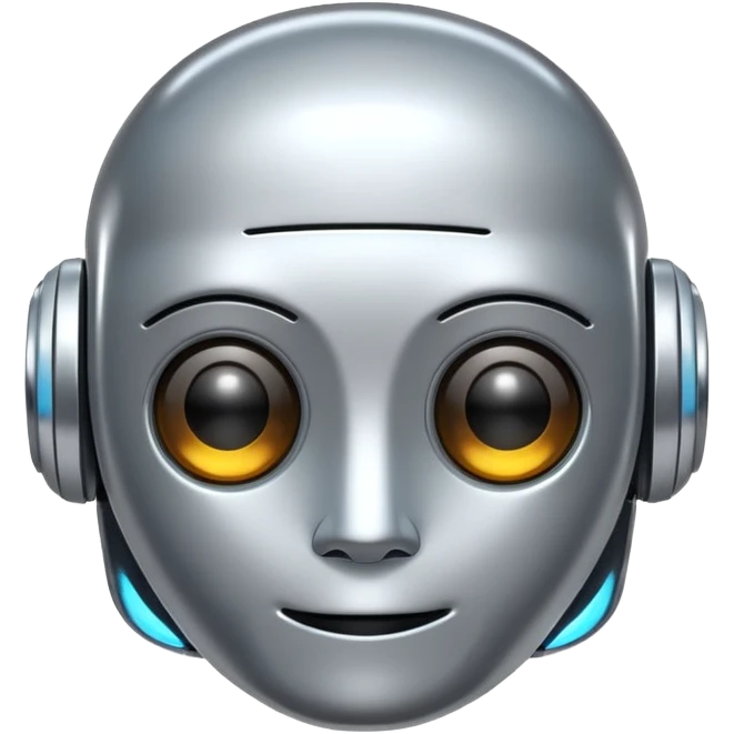 A cute futuristic robot emoji made of silver chrome, rounded friendly body, minimal facial features, glossy metallic surface, soft reflections, iOS emoji style, centered, clean white background emoji