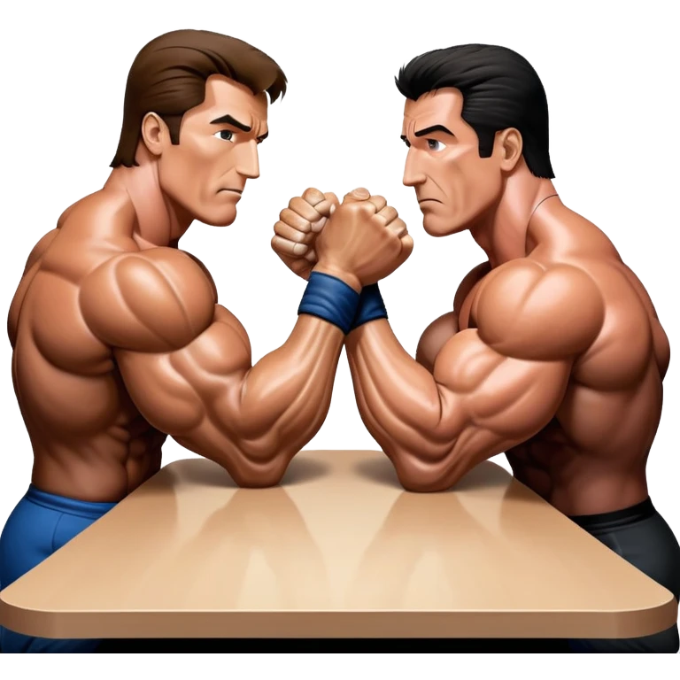Arnold Schwarzenegger and Sylvester Stallone from 'Over the Top,' locked in an arm wrestling battle, using only their right hands. Their left hands rest on the table. Both display immense strength, with muscular arms flexing, under bright competition lights. Transparent background. emoji