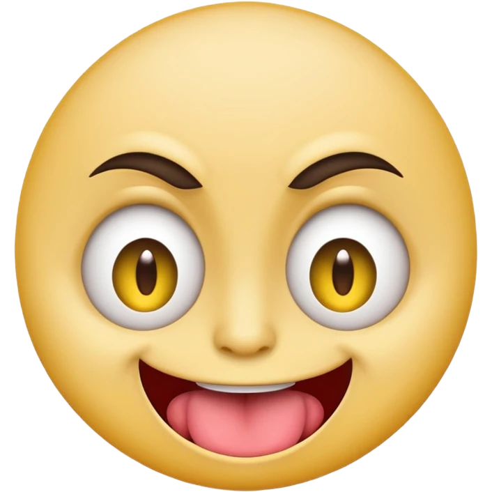 A yellow round face emoji smirking with its tounge out but the eyes are evil and kind of crazy and the eyebrows are turned  emoji