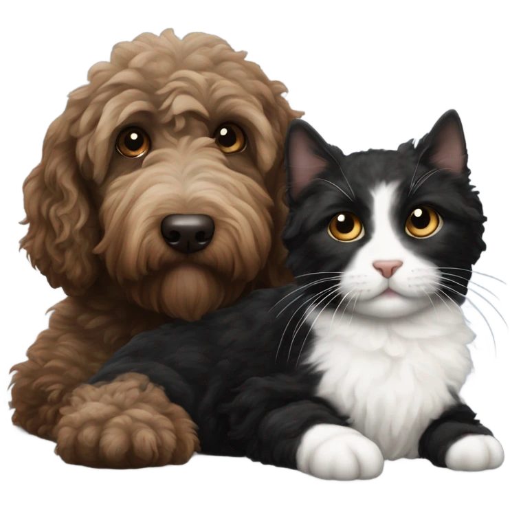 Australian labradoodle dark brown cuddling with tuxedo cat emoji