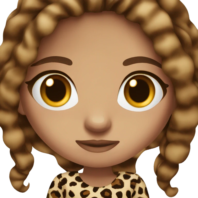 Women blue eyes long brown hair wearing a leopard print top emoji