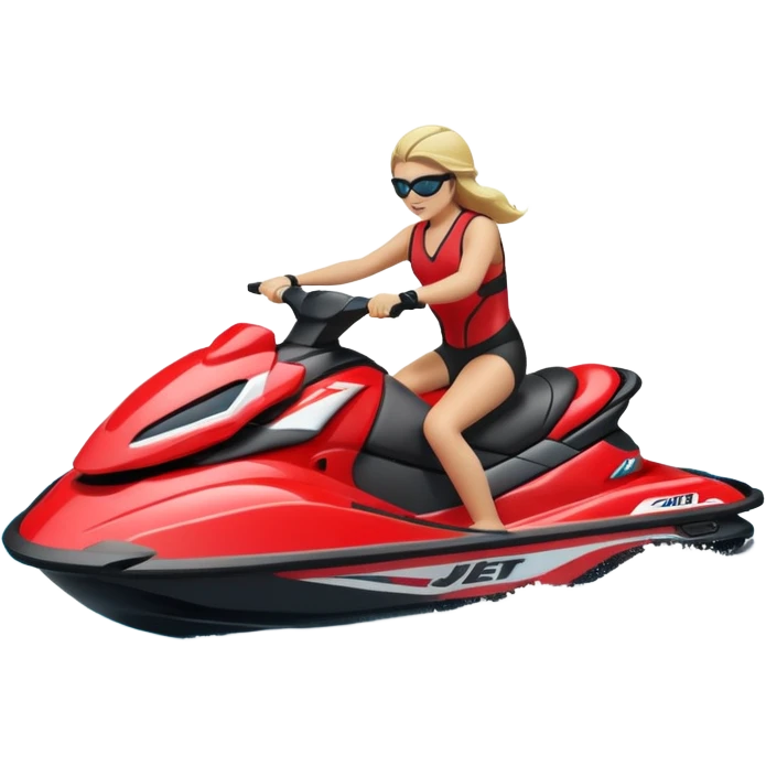 jet ski (red black and white all in the same amount. maybe a red a bit more dominant) on the sea. show the sea under the jet ski - blue with turquoise. no sky - white background instead. DO NOT REMOVE THE SEA AND THE WHITE WHEN FINALIZING!  emoji