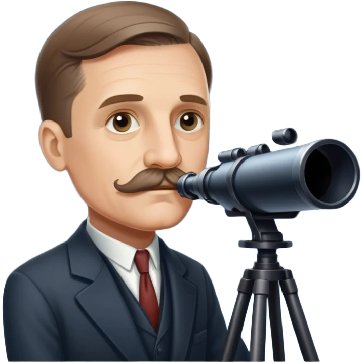 Astronomer Edwin Hubble with mustache, wearing a suit, looking through a telescope with stars in the background emoji