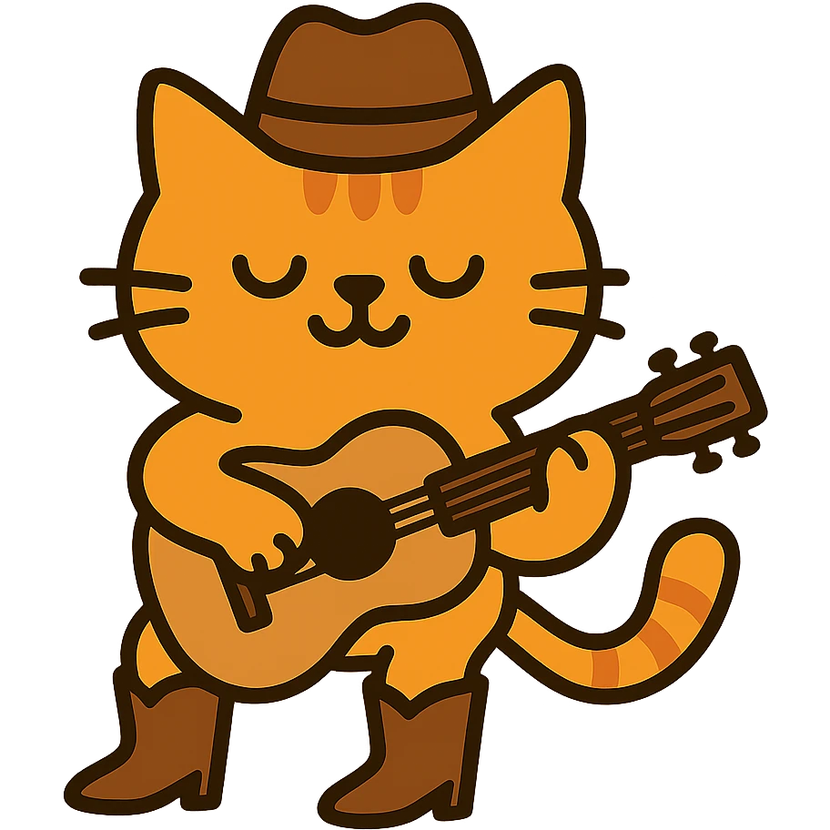 flat toon orange cowboy cat with cowboy boots strumming an acoustic guitar emoji