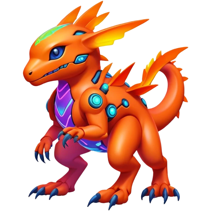 Tropical futuristic lush warm-colored neon-colored Digimon-Fionbri-creature emoji