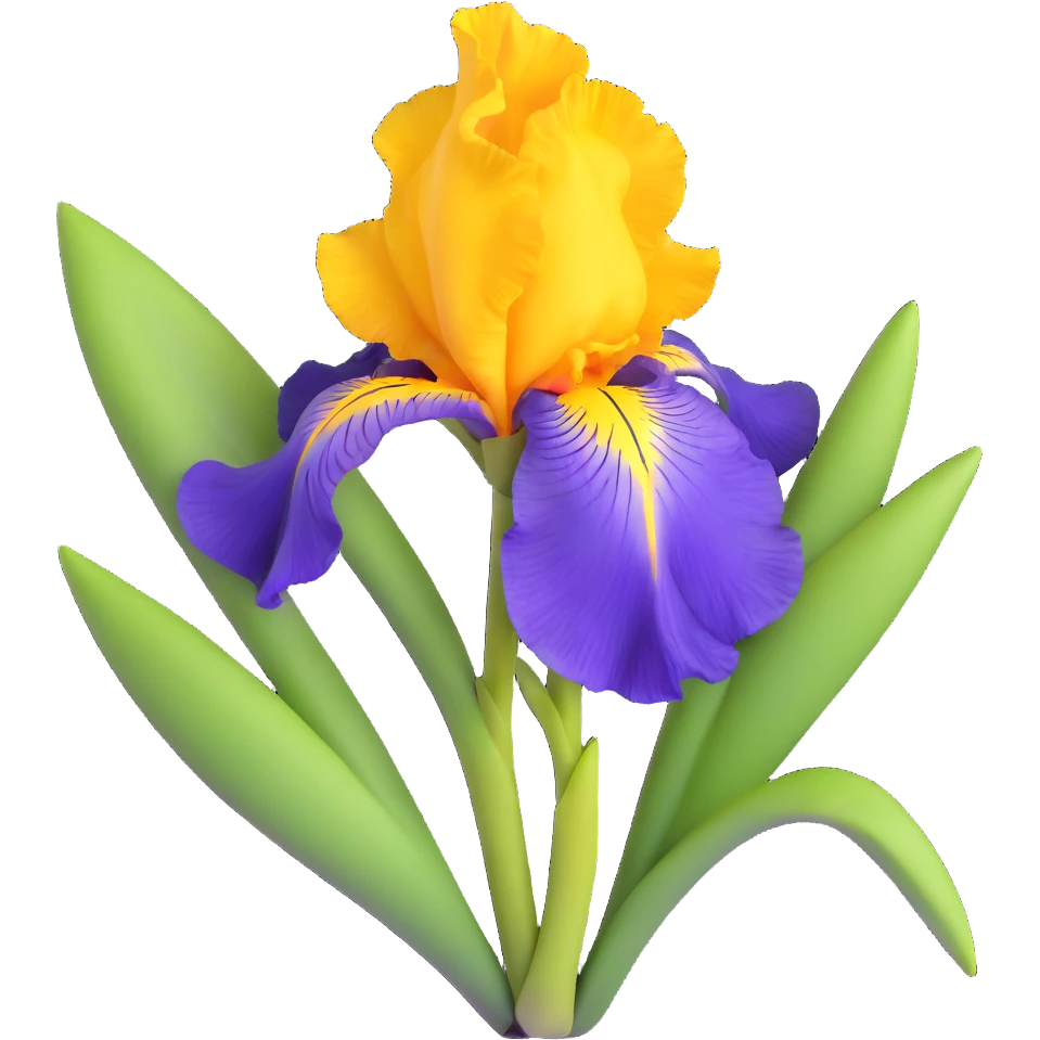 Detailed iris flower with rich purple color, classic iris structure with three hanging falls and three upright standards, green stem and leaves emoji