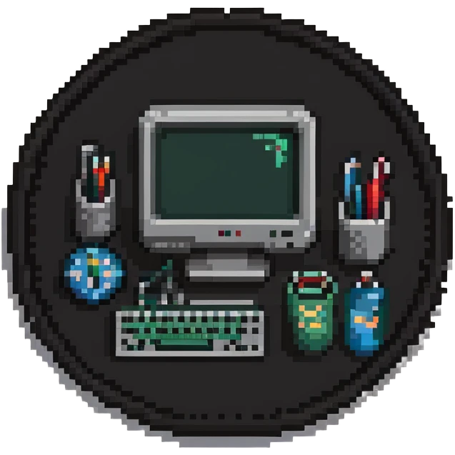 Badge with computer monitor and tools for IT support emoji