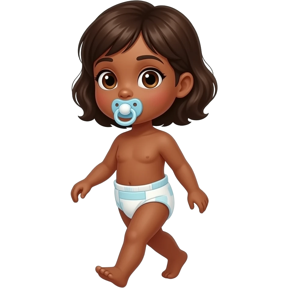 Brown-skinned brown-eyed girl walking and wearing a cloth diaper sucking on pacifier emoji