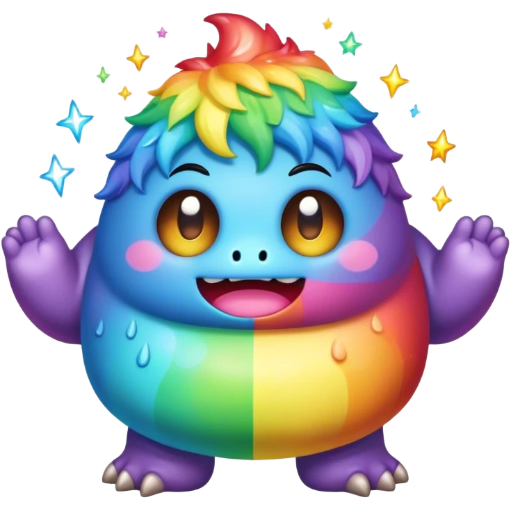 Kawaii derpy fat rainbow monster surrounded by magic, rich textures, visually rich, so lifelike that it feels like it could leap off the page at any moment emoji