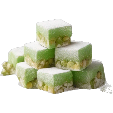 Turkish delight stacked cubes with chopped pistachios and covered with powdered sugar  emoji