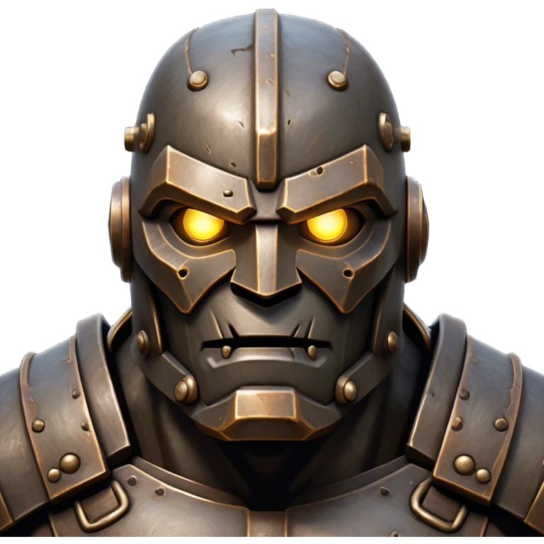 Cinematic Noble Mighty Iron Golem Portrait Emoji Poised and imposing, with a towering, metallic form forged from intricately detailed plates of burnished steel and ancient bronze, etched with faint traces of runes and weathered marks of time. Its piercing, glowing eyes radiate unwavering resolve, casting a solemn and commanding presence; rendered with lifelike texture and natural metallic highlights, high shine, elegant yet indomitable, styled with an aura of legendary endurance, focused and resolute, soft glowing outline, capturing the essence of an eternal guardian, standing vigilant and immovable as if ready to awaken at any moment with unstoppable might! emoji