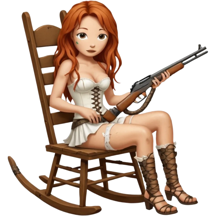 solarpunk ultra HD Tori Amos casually crouches on a rocking chair in a torn corset, holding a shotgun and with muddy feet. a bronze snake wrapped itself around the chair emoji