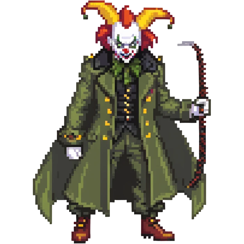 evil clown soldier, bald, black horns on forehead, fangs, pointed ears, eye patch over one eye, long coat over black and military green clothes with bellbottom pants, tail, holding a different style of whip, realistically proportioned, less bulky, full body, fighting stance emoji