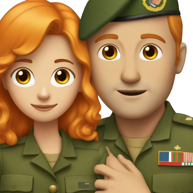 a orange hair girl hugs, white man with brown hair in a green military uniform emoji