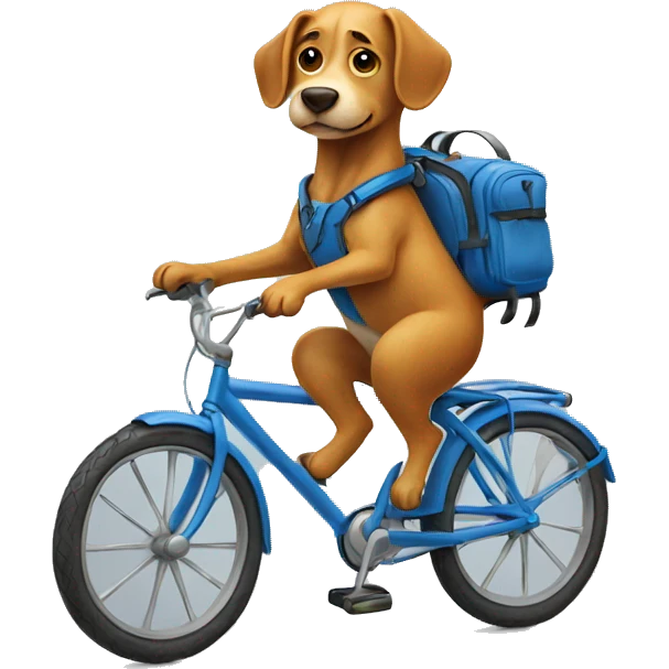 A dog is riding a bicycle and wearing a backpack. emoji