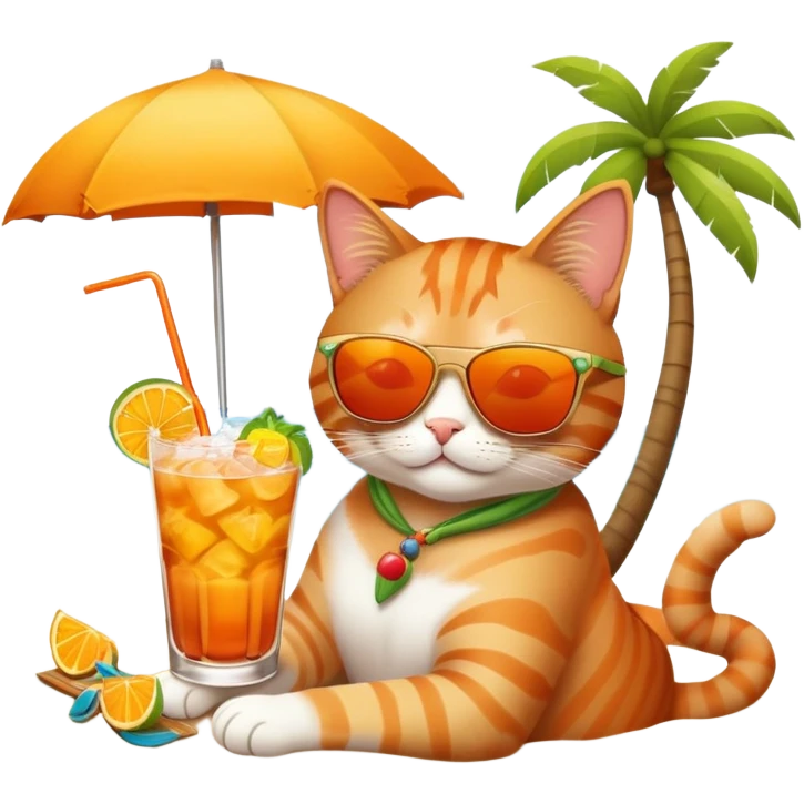 cat relaxing on a beach sipping a mai tai emoji