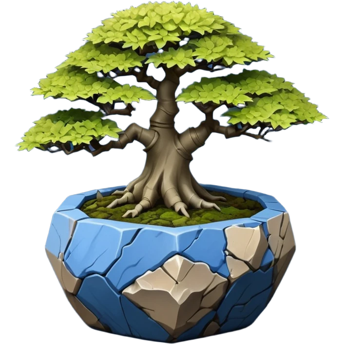 Singapore very old broken Stone Age rocky-crusted dodecahedron-shaped shallow dark moss rough bark blue maple tree bonsai pot emoji