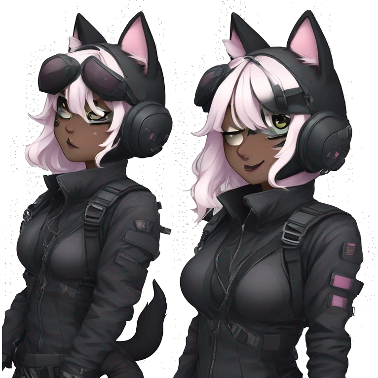 Gorgeous furry dark cyberpunk techwear anime style anthro black cat fursona with blushing face aesthetic and pretty edgy black with collar and harness trending style emoji