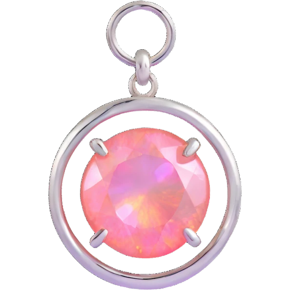 macro shot round cut pink fire opal charm with silver setting, silver jump ring, holographic and neon accents emoji