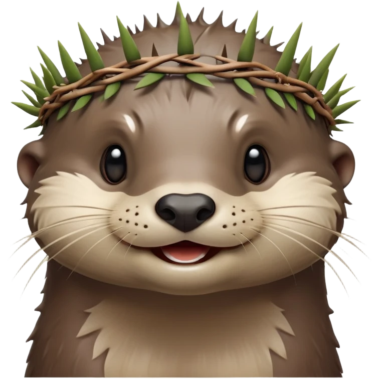 really cute smiling joyful otter face in three-quarter profile view with simple thorny stem wrapped horizontally around its forehead like Jesus Christ's Crown of thorns, no crown shape on top, just thin spiky branches circling the forehead emoji