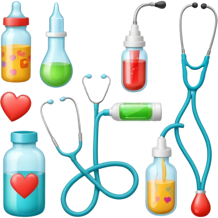 stethescope, heel lancet, medication, baby blood tubes, monitoring cables, baby bottle, cute scrapbooking paper,  emoji