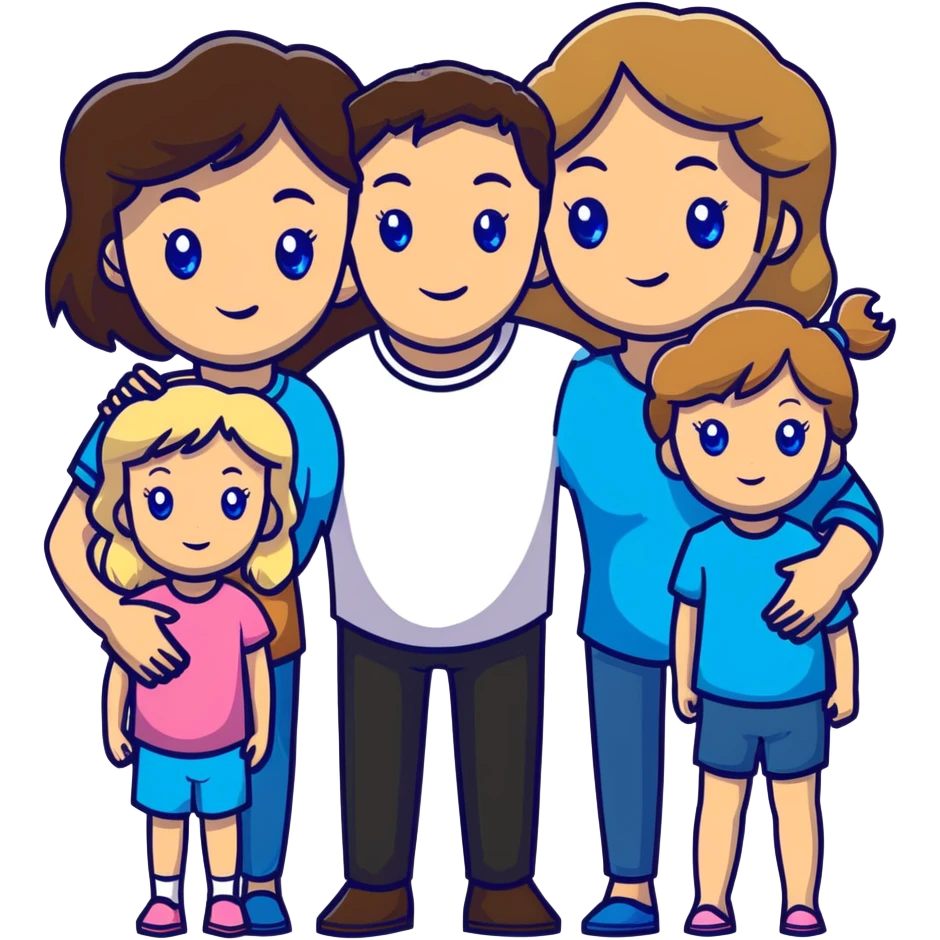 Family portrait with father with dark brown hair and blue eyes, mother with light brown hair and blue eyes, three blonde little girls with blue eyes emoji