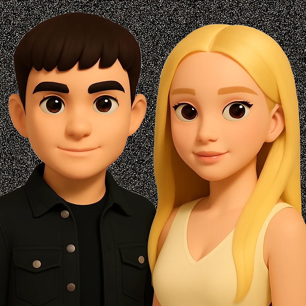 Slightly increase the volume of the upper body of the girl, separate the girl and the boy from each other, and make the skin color the same for both. Preserve the cartoonish 3D style in the editing. emoji