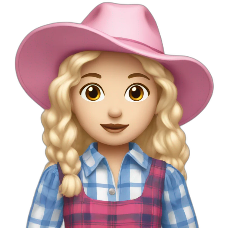 Young ragdoll with blond hair, pink country-hat and blue and white tartan dress emoji