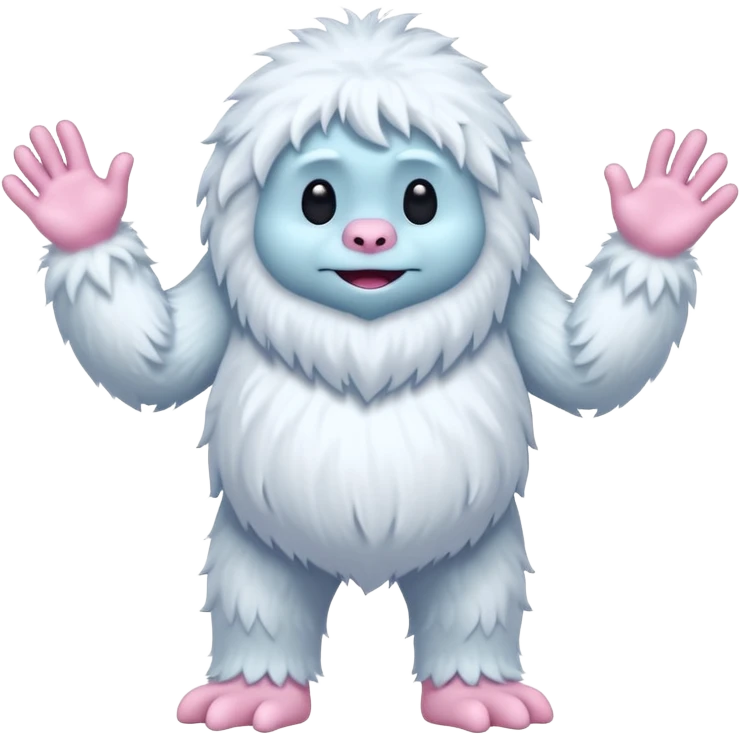 A fluffy, white creature resembling a yeti stands upright, featuring a round body and long, shaggy arms. Its face is smooth with a simple, flat mouth and without eyes. The hands and feet are pink with claw-like digits, and the creature has a whimsical, cartoonish appearance emoji
