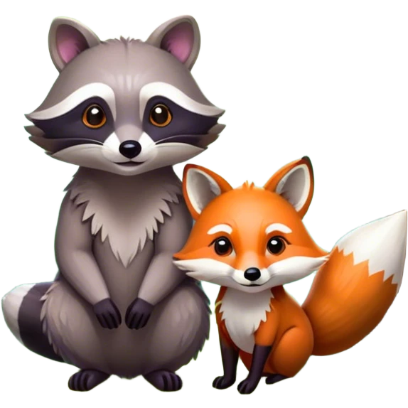 Collage of a raccoon and a fox, in close-up, surrounded by a colorful forest with rich green trees, thick bushes, and vibrant foliage. Sunlight peeks through the branches, casting warm light on the animals. A lively, natural setting with a transparent background. emoji