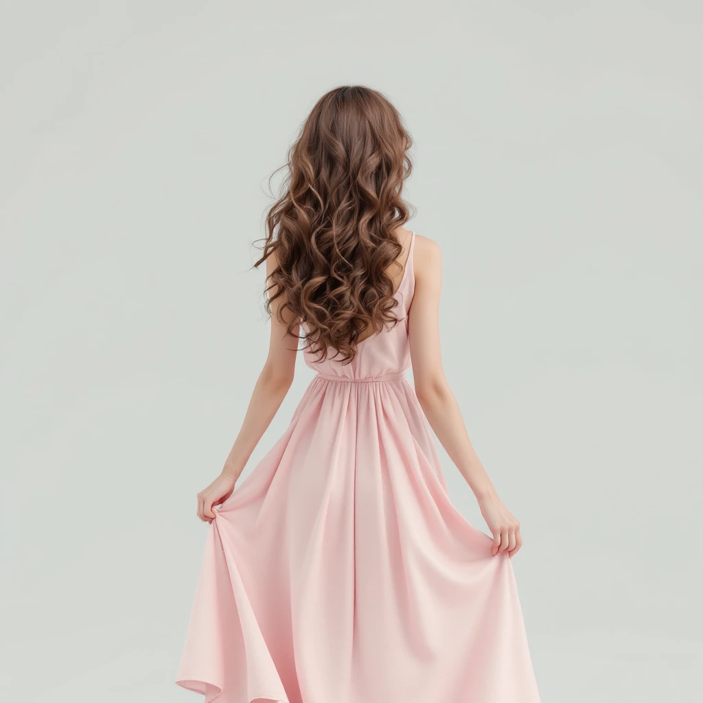 3D model of a woman with long curly brown hair, wearing a pastel dress, seen from behind holding her skirt, soft realistic textures, gentle pastel colors, iOS 18 Flux Pro style emoji