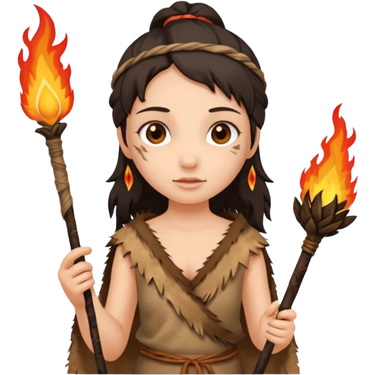 ancient girl, tattered animal skin cloth, hold fire stick emoji