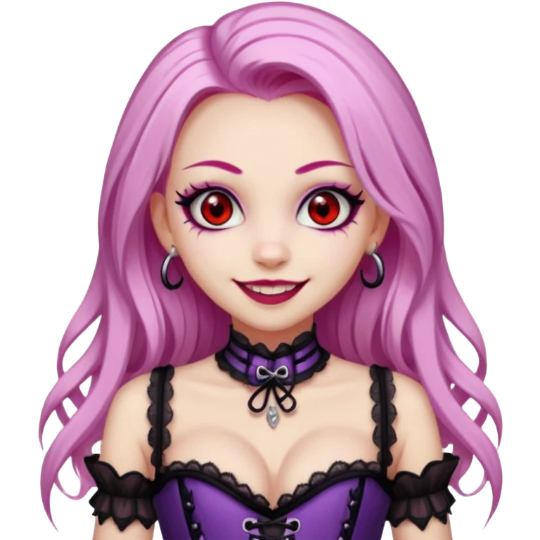 pretty scary girl, long straight LIGHT pink HAIR,SCARY RED eyes, black eyeliner, pale skin, purple corset clothes with laces, AND WITH A GRIN SMILE  emoji