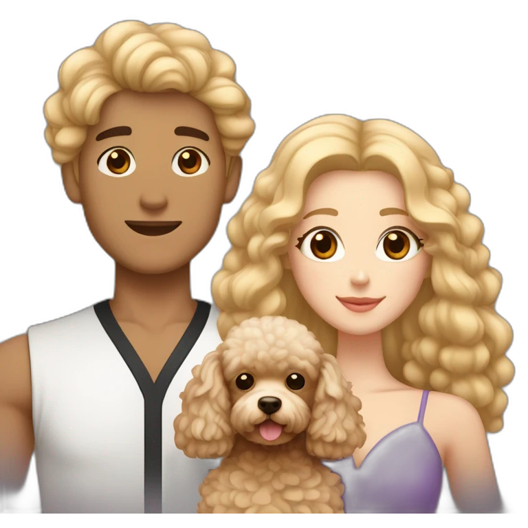 A couple consisting of asian korean man with dark eyes and long curly hair tanned skin and white girl with long straight blonde hair and brown eyes with brown toy poodle emoji
