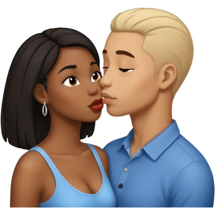 A black woman with a light skin man kissing  emoji