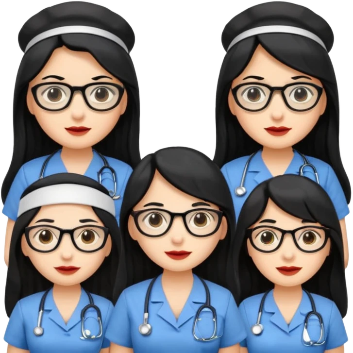 Genera emogis de 4 cuatro enfermeras de cabello negro largo, entre ellas que una tenga lentes y otra un lunar encima de los labios emoji